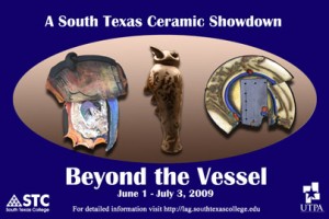 Poster featuring ceramic artwork by Fulden Sara-Wissinger (left), Aaron Calvert (center), and Charles Wissinger (right).