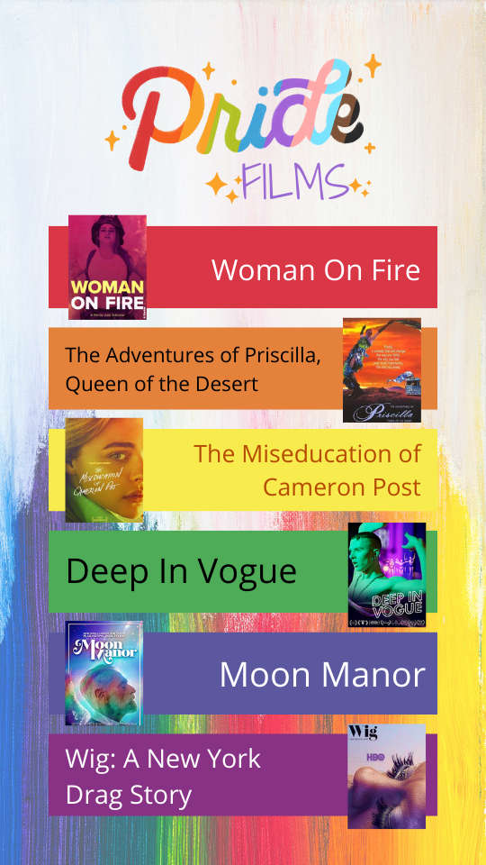 A list of films for Pride Month: Woman on Fire, Priscilla Queen of the Desert, The Miseducation of Cameron Post, Deep in Vogue, Moon Manor, and Wig.