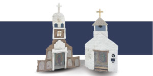 Handmade paper sculptures of churches