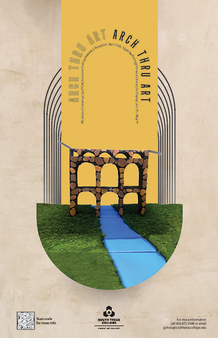 **Title**: Arch Thru Art **Artist**: South Texas College Libraries **Venue**: South Texas College **Dates**: April 2022 **Event**: Art & Architecture Series **Description**: The poster features an artistic representation of a stone arch bridge over a blue stream, surrounded by green grass. A QR code provides additional information about the event. For more details, contact **(956) 872-3488** or email **gotvos@southtexascollege.edu**. ![QR Code](https://i.imgur.com/QRCode.png)